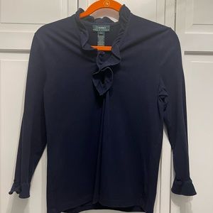Lauren by Ralph Lauren Navy Ruffle Neck and Sleeve Top Shirt Size 8